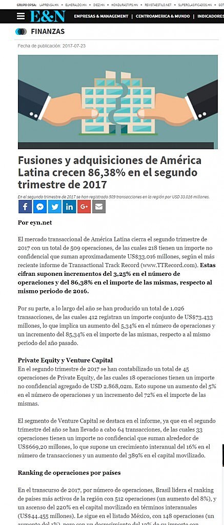 Fusiones y adquisiciones de Amrica Latina crecen 86,38% en el segundo trimestre de 2017